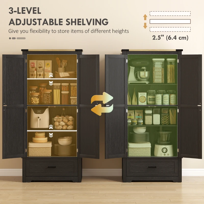 HOMCOM 69" Tall Farmhouse Kitchen Pantry Cabinet with 2 Doors, Drawer and Adjustable Shelves, Black and Brown