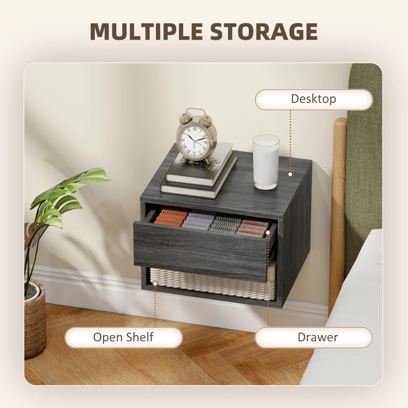 HOMCOM Floating Nightstand Set of 2, Wall Mounted Bedside Table with Drawer for Bedroom, Grey