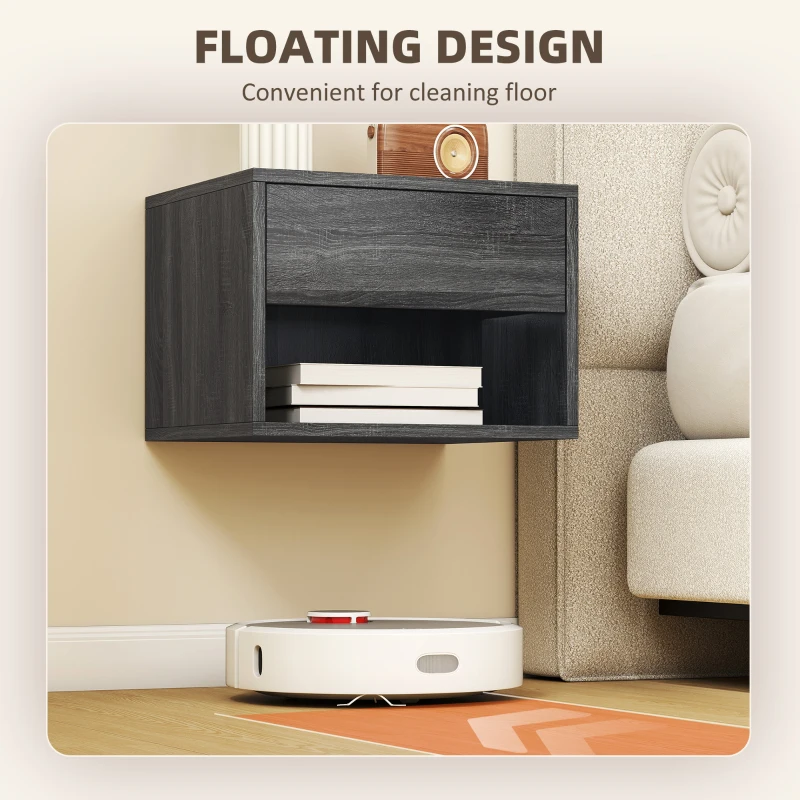 HOMCOM Floating Nightstand Set of 2, Wall Mounted Bedside Table with Drawer for Bedroom, Grey