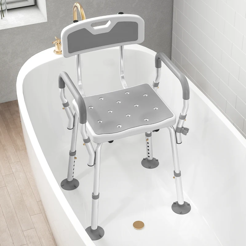 HOMCOM Adjustable Shower Chair with Arms Back and Padded Seat, Light Grey