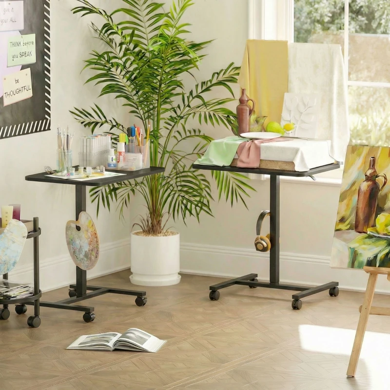 HOMCOM Height Adjustable Standing Desk, Pneumatic Sit Stand Desk with Wheels and Headphone Hook, Black Wood Grain