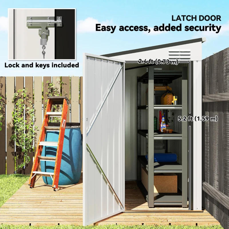 Outsunny 4.3' x 6.3' Outdoor Storage Shed Lean to Shed Outdoor Metal Tool Shed with Lockable Door and Air Vents, White