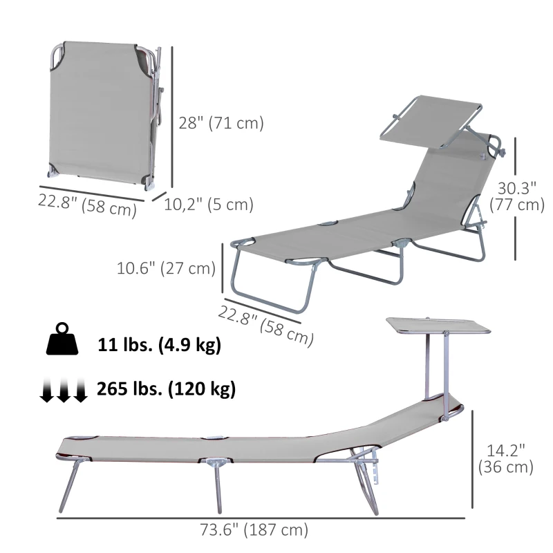 Outsunny Outdoor Lounge Chair, Adjustable Folding Chaise Lounge, Tanning Chair with Sun Shade for Beach, Camping, Hiking, Backyard, Light Grey