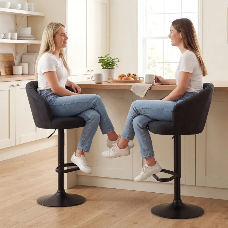 HOMCOM Adjustable Bar Stools Set of 2, Upholstered Kitchen Stools with Swivel Seat, Steel Frame, Footrest, ‎Black