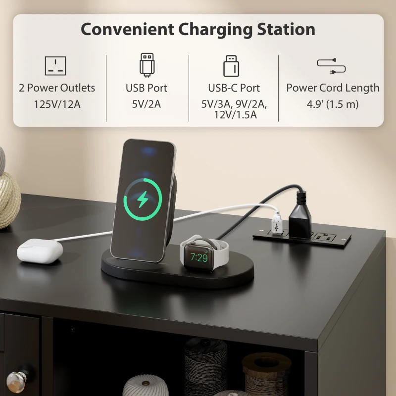 HOMCOM Rolling Sewing Machine Table with Power Outlet, Folding Craft Table with 2 Fabric Drawers, 2 Bins and 18 Pegs, Black