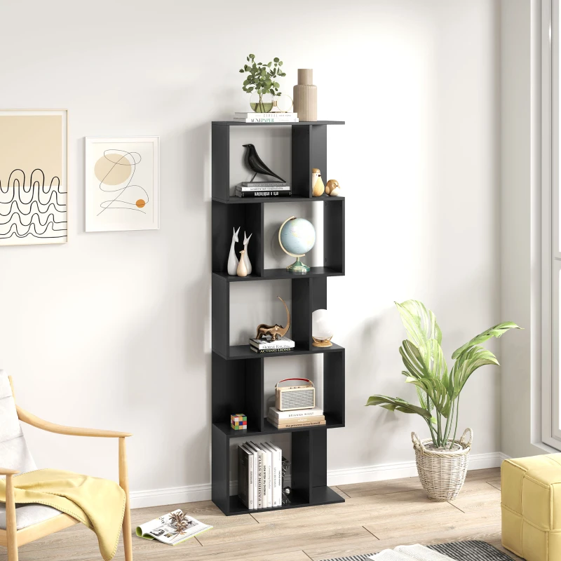 HOMCOM 5-Tier Geometric Bookshelf, S Shaped Bookcase, Modern Freestanding Display Shelf Unit for Home Office, Black