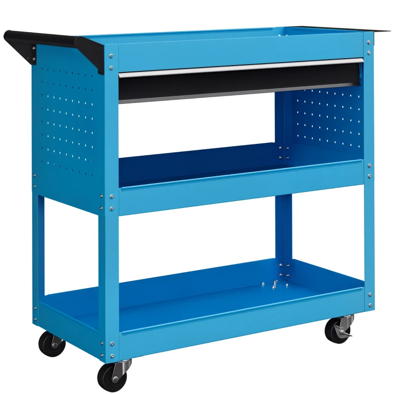 HOMCOM Tool Cart on Wheels, Utility Cart with Wheels, Ball Bearing Drawer, Storage Trays for Garage, Warehouse, Workshop, Blue