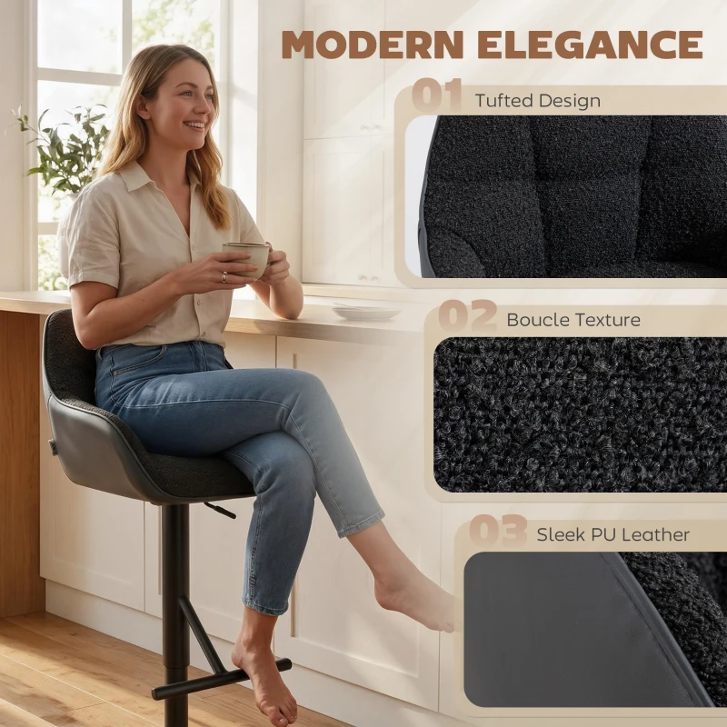 HOMCOM Bar Stools Set of 2, Swivel Counter Height Barstools with Back, Footrest, Armrests, Adjustable Height, Black