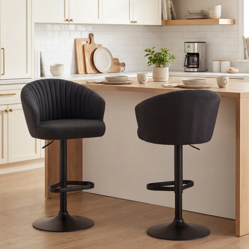 HOMCOM Adjustable Bar Stools Set of 2, Upholstered Kitchen Stools with Swivel Seat, Steel Frame, Footrest, ‎Black