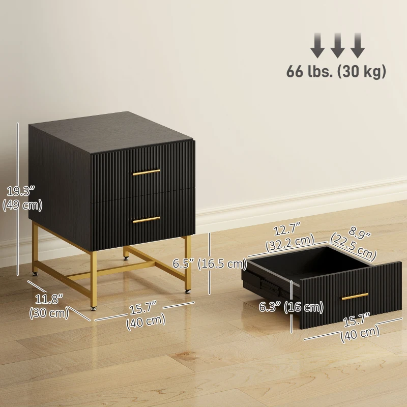 HOMCOM 2 Pieces Nightstands with Storage, Modern Bedside Tables with 2 Fluted Drawers and Gold Legs for Bedroom, Black