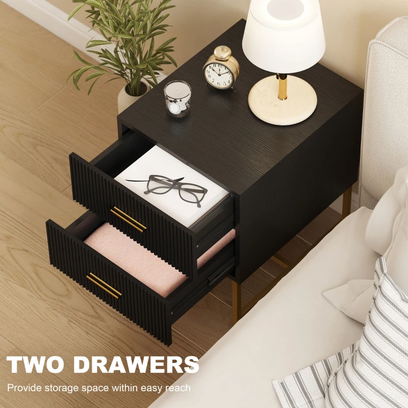 HOMCOM 2 Pieces Nightstands with Storage, Modern Bedside Tables with 2 Fluted Drawers and Gold Legs for Bedroom, Black
