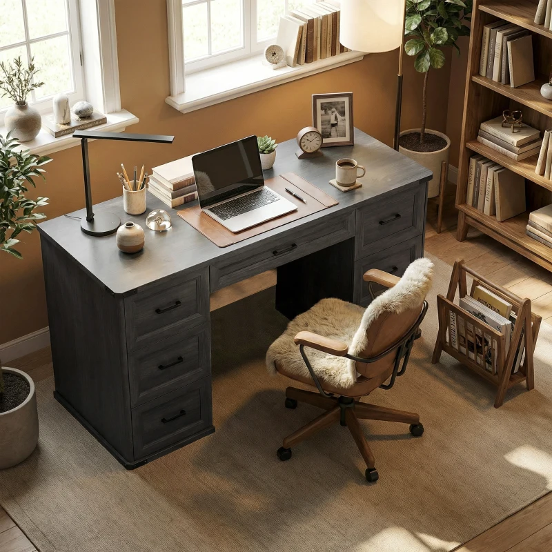 HOMCOM 55" Computer Desk with 7 Drawers, Farmhouse Executive Desk for Home Office, Study, Bedroom, Black Wood Grain