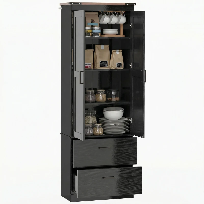 HOMCOM 67" Tall Kitchen Pantry Storage Cabinet, Kitchen Pantry Cabinet with Doors, Drawers and Adjustable Shelves, Black