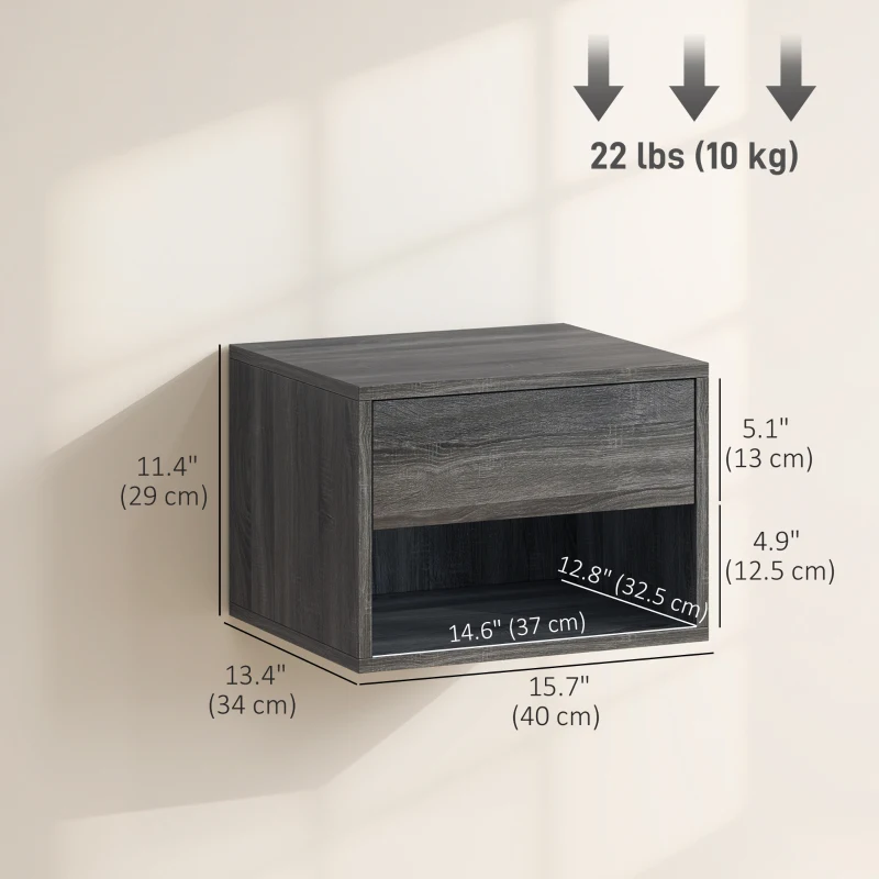 HOMCOM Floating Nightstand Set of 2, Wall Mounted Bedside Table with Drawer for Bedroom, Grey