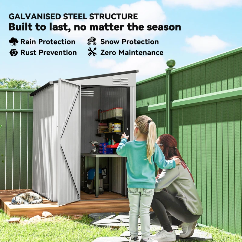 Outsunny 4.3' x 6.3' Outdoor Storage Shed Lean to Shed Outdoor Metal Tool Shed with Lockable Door and Air Vents, White