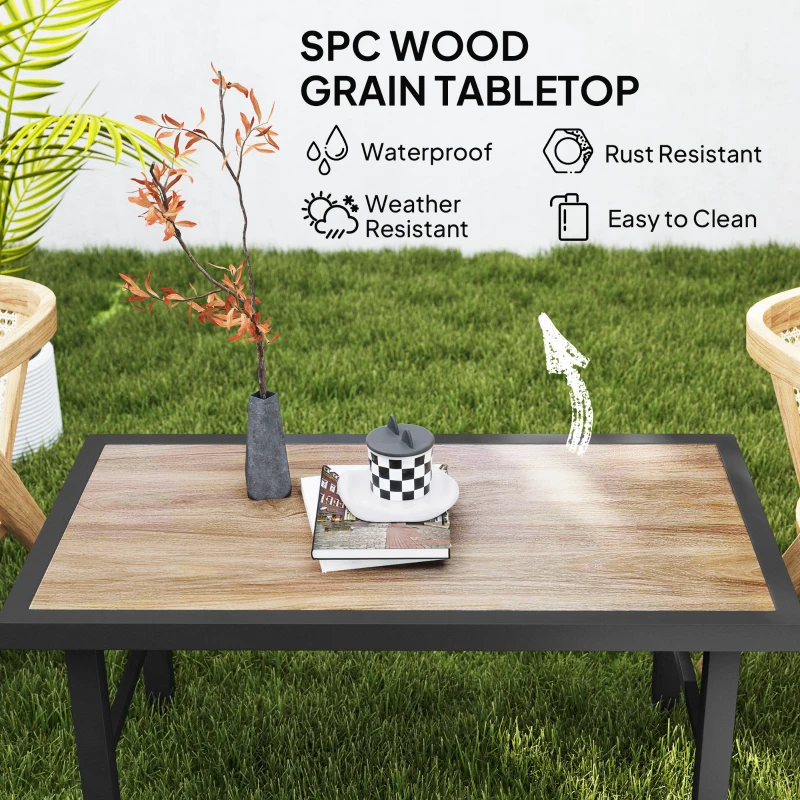 Outsunny Outdoor Side Table with SPC Woodgrain Tabletop, Metal Patio Coffee Table for Outside Garden, Brown