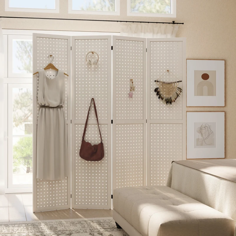 HOMCOM 5.6 Ft. Tall 4-Panel Room Divider, Pegboard Panel Folding Privacy Screen, Partition Wall Divider for Bedroom, White