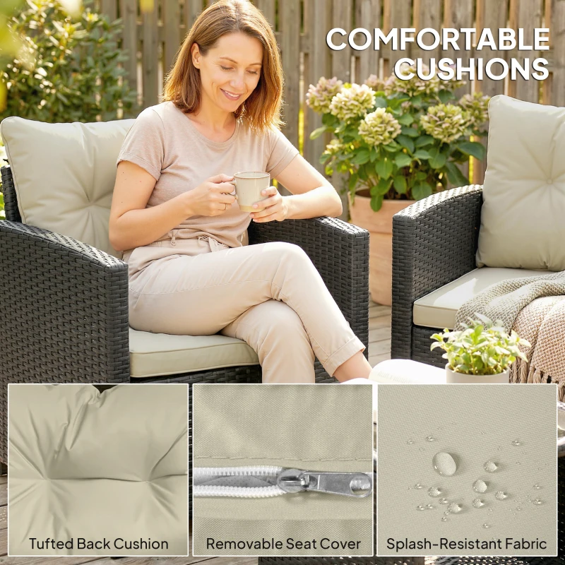 Outsunny Outdoor Bistro Set, 3 Piece Wicker Patio Furniture Set with 2-Tier Glass Top Table, Cushions for Porch, Balcony, Beige