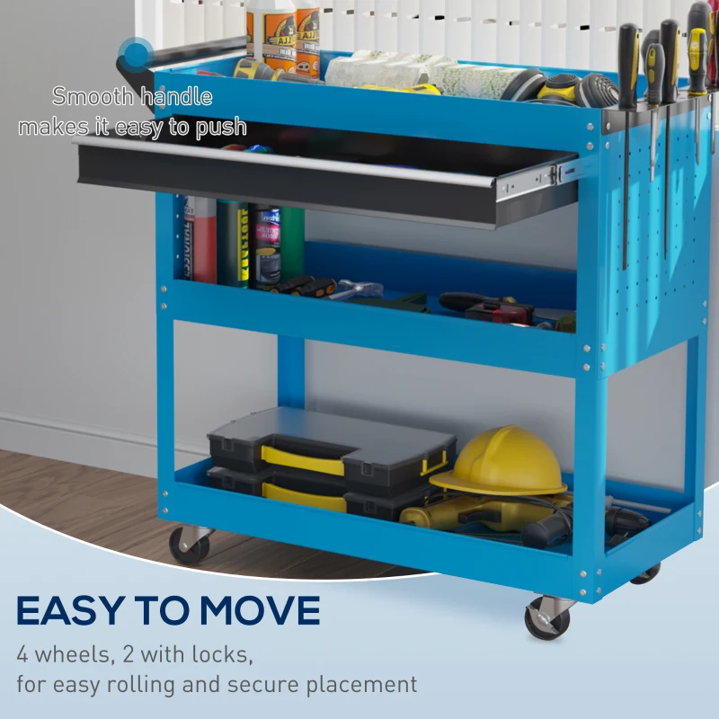 HOMCOM Tool Cart on Wheels, Utility Cart with Wheels, Ball Bearing Drawer, Storage Trays for Garage, Warehouse, Workshop, Blue