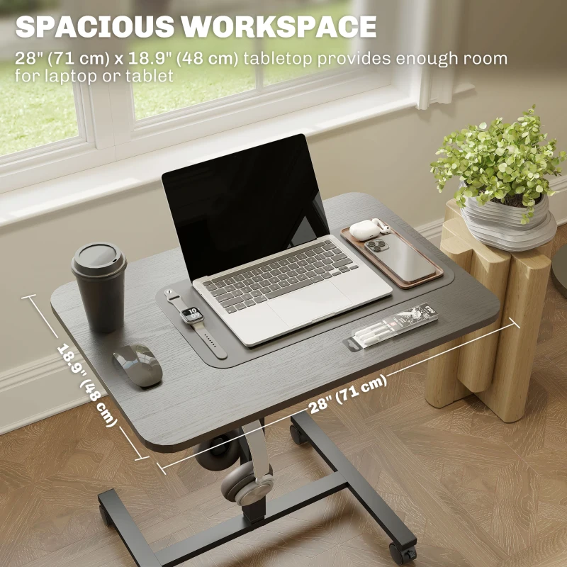 HOMCOM Height Adjustable Standing Desk, Pneumatic Sit Stand Desk with Wheels and Headphone Hook, Black Wood Grain