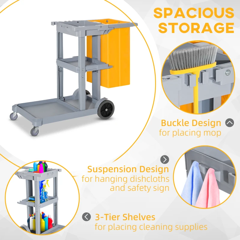 HOMCOM Janitorial Cart with 3 Shelves, Cleaning Cart on Wheels with Rubbish Bag and Mop Holders for Hotel, Housekeeping, Grey