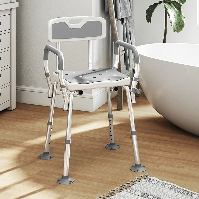 HOMCOM Adjustable Shower Chair with Arms Back and Padded Seat, Light Grey