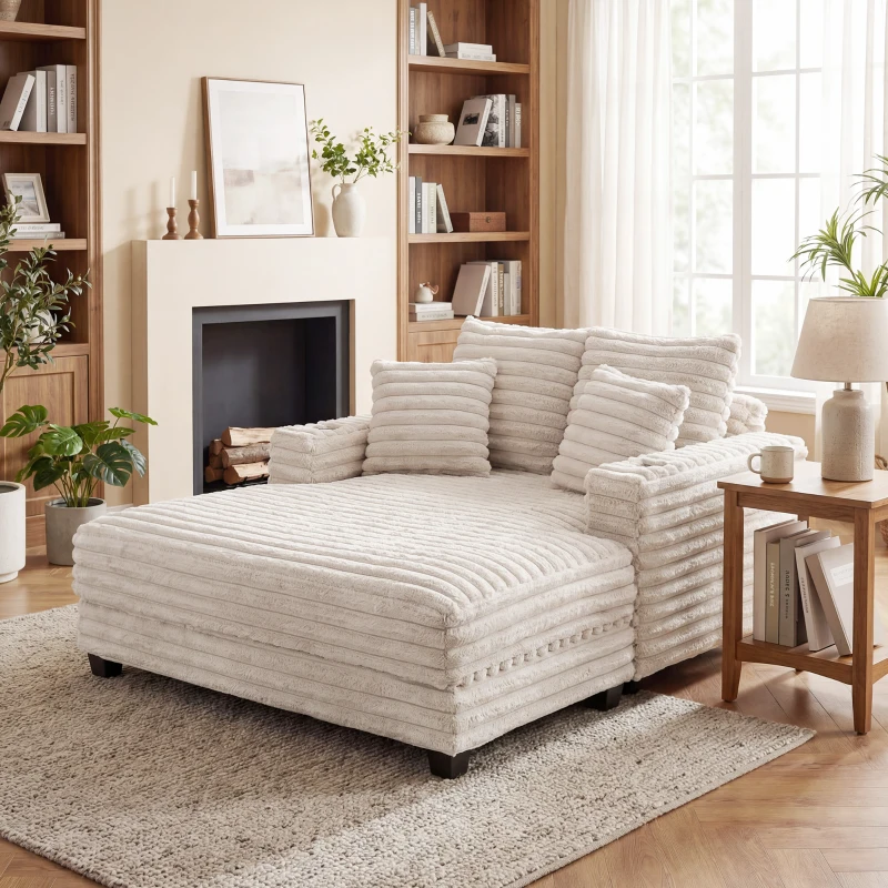 HOMCOM 60" Chaise Lounge Chair, Oversized Upholstered Sofa Bed with Cup Holders & Pillows, Sleeper Couch for Living Room, Beige