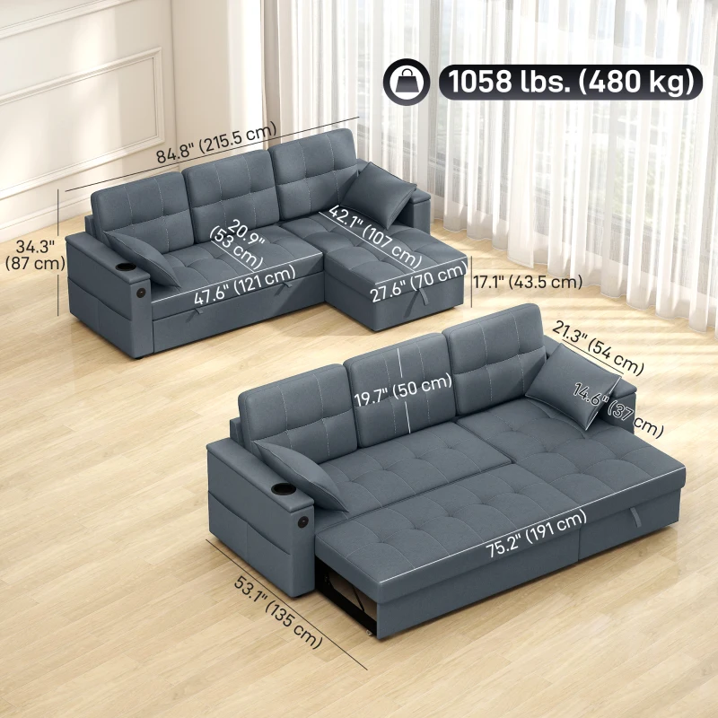 HOMCOM Convertible Sectional Sofa Bed, Pull Out Sleeper Sofa Couch with USB‑A+C, Chaise Storage, L-Shaped Futon Couch, Dark Grey