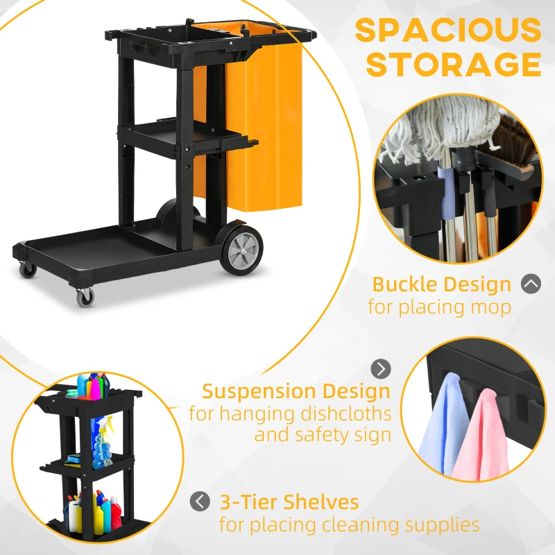 HOMCOM Janitorial Cart with 3 Shelves, Cleaning Cart on Wheels with Rubbish Bag and Mop Holders for Hotel, Housekeeping, Black