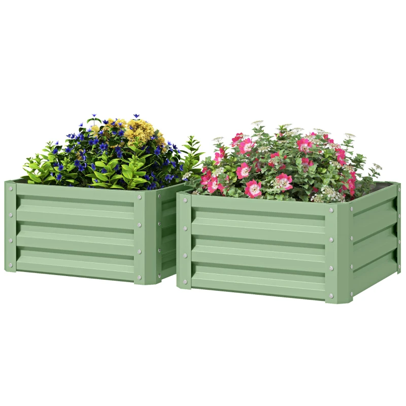 Outsunny 2Pcs 2' x 2' x 1' Galvanized Raised Garden Bed Kit, Square Outdoor Metal Planter Box with Open Bottom for Vegetables, Flowers, Herbs, Light Green