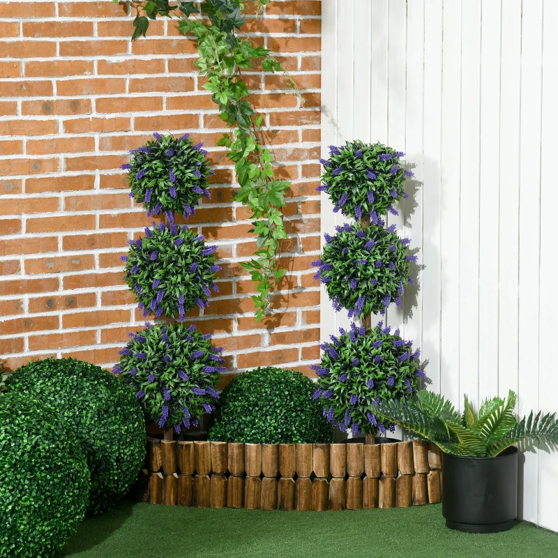 HOMCOM 3.5ft Set of 2 Artificial Plants, Lavender Flowers Ball Trees with Pot, for Home Indoor Outdoor Decor