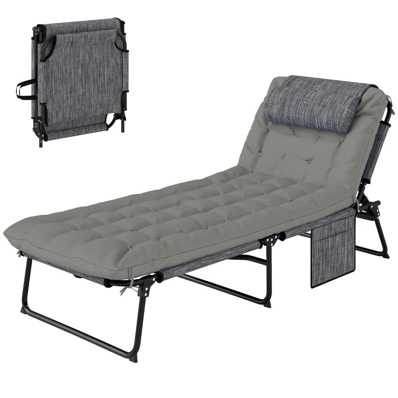 Outsunny Folding Chaise Lounge Pool Chair with 4-level Reclining Back, Cushion, Side Pocket, Headrest, Gray