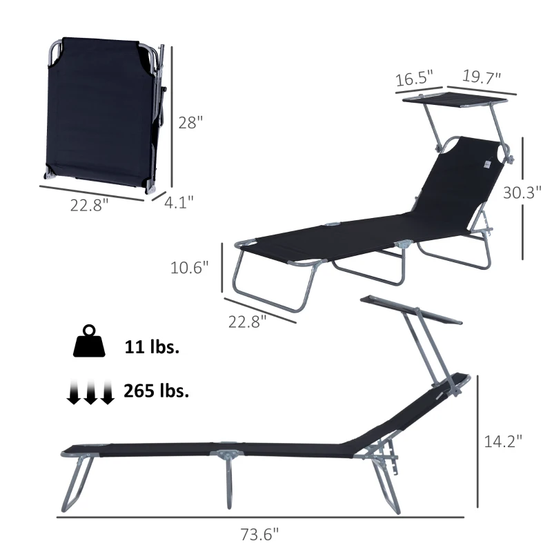 Outsunny Outdoor Pool Chaise Lounge Chair, Folding Tanning Chair with Sun Shade, Black
