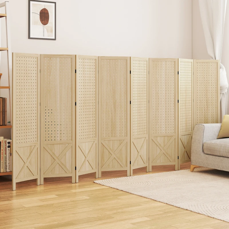 HOMCOM Wooden Room Divider with Pegboard Display, 8 Panel Folding Privacy Screen for Home Office, Natural Wood