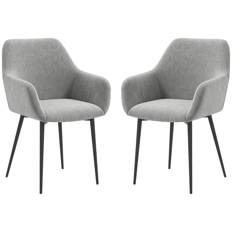 HOMCOM Dining Chairs Set of 2, Velvet-look Fabric Upholstered Kitchen Chairs with Backrest, Armrests and Steel Legs, Dark Grey