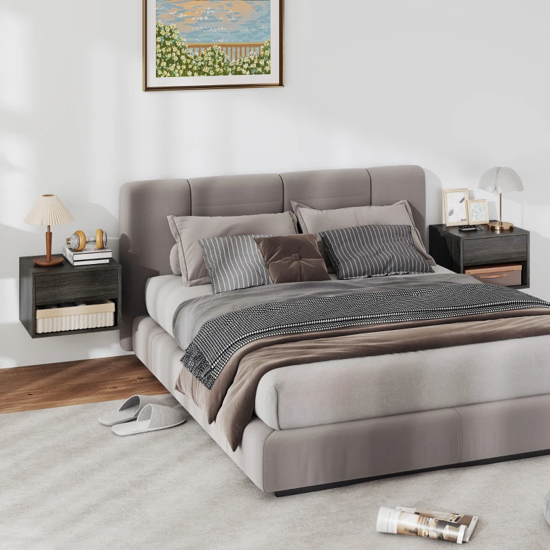 HOMCOM Floating Nightstand Set of 2, Wall Mounted Bedside Table with Drawer for Bedroom, Grey