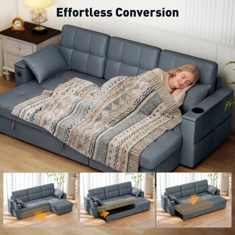 HOMCOM Convertible Sectional Sofa Bed, Pull Out Sleeper Sofa Couch with USB‑A+C, Chaise Storage, L-Shaped Futon Couch, Dark Grey