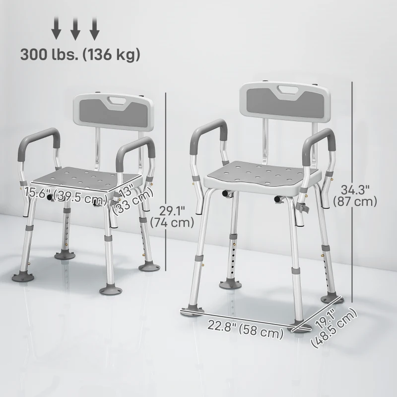 HOMCOM Adjustable Shower Chair with Arms Back and Padded Seat, Light Grey