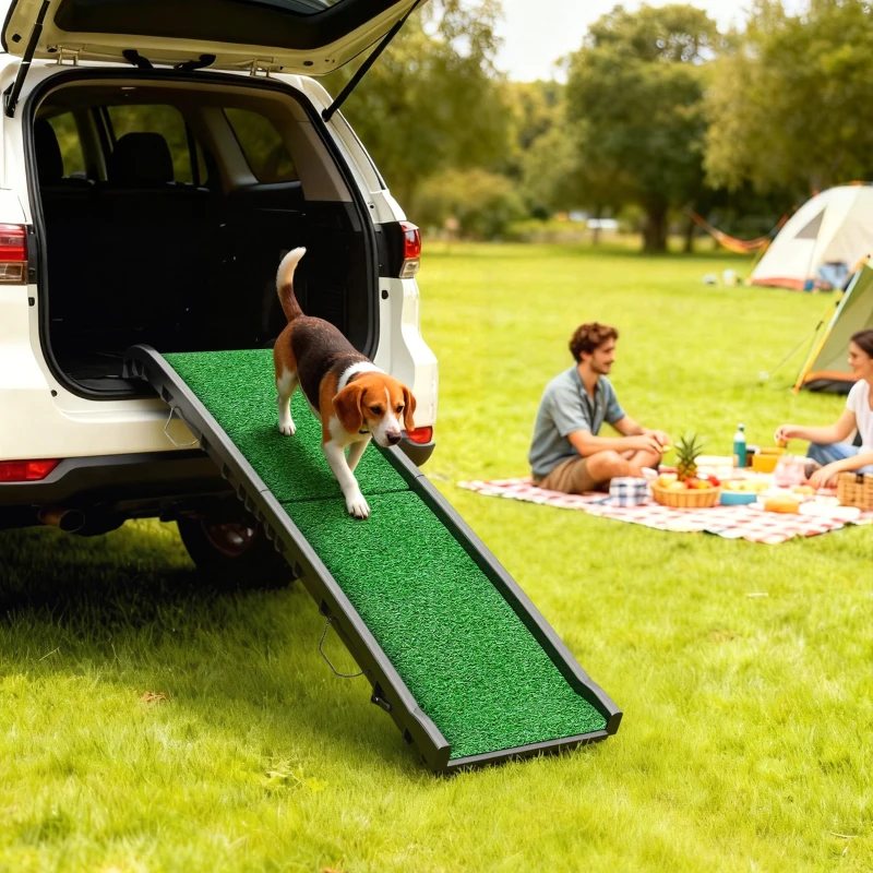 PawHut Folding Dog Ramp for Car, 61 Inches Portable Pet Ramp with Non Slip Grass Surface, Raised Side Rails