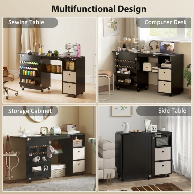 HOMCOM Rolling Sewing Machine Table with Power Outlet, Folding Craft Table with 2 Fabric Drawers, 2 Bins and 18 Pegs, Black
