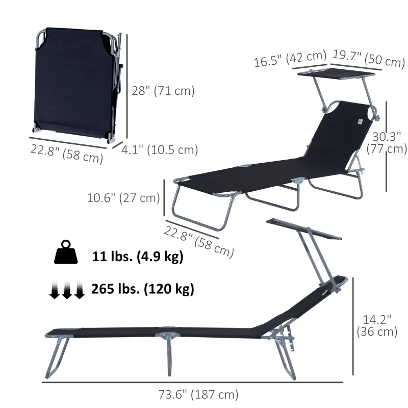 Outsunny Outdoor Lounge Chair, Adjustable Folding Chaise Lounge, Tanning Chair with Sun Shade for Beach, Camping, Hiking, Backyard, Black