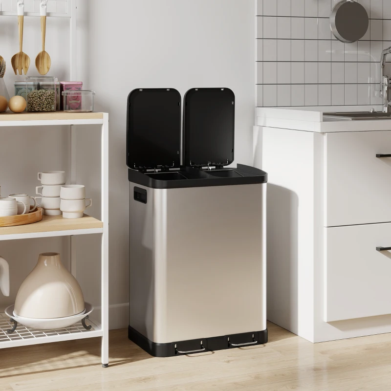 HOMCOM Kitchen Garbage Bin, 2 x 7.9 Gal (2 x 30 L) Trash Can, Soft-Close Garbage Can with Removable Inner Buckets, Silver