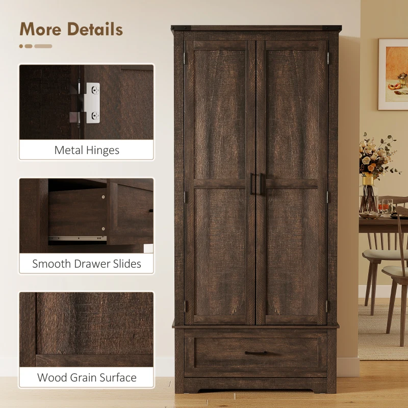 HOMCOM 69" Tall Farmhouse Kitchen Pantry Cabinet with 2 Doors, Drawer and Adjustable Shelves, Dark Brown