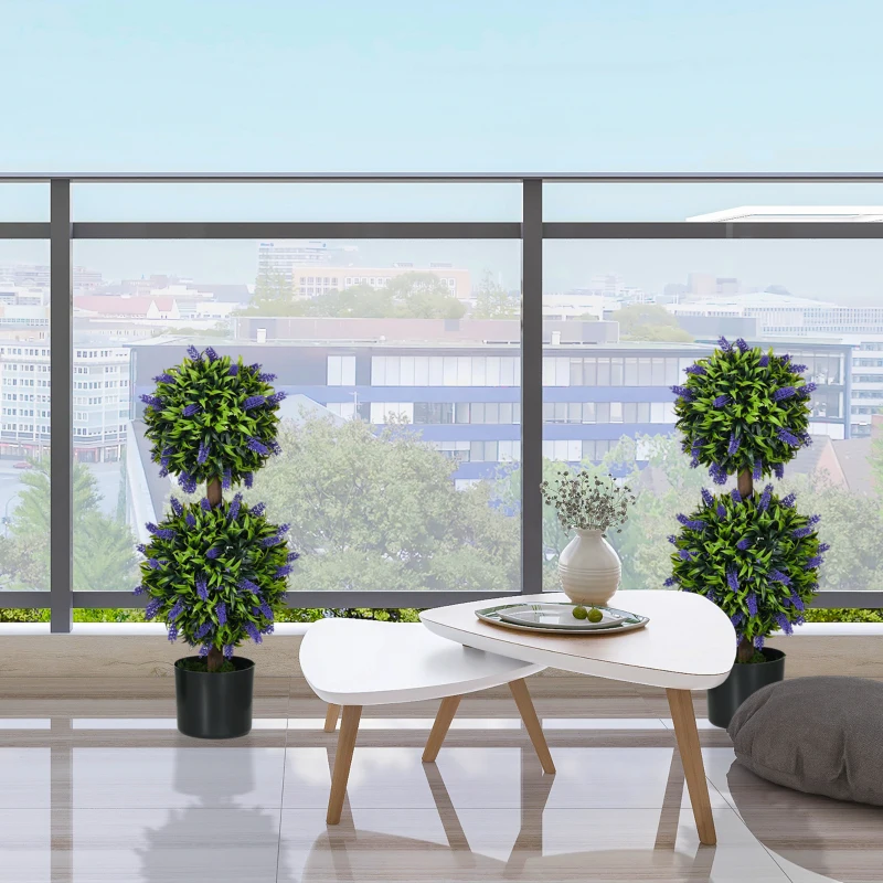 HOMCOM 2.3ft Set of 2 Artificial Plants, Lavender Flowers Ball Trees with Pot, for Home Indoor Outdoor Decor