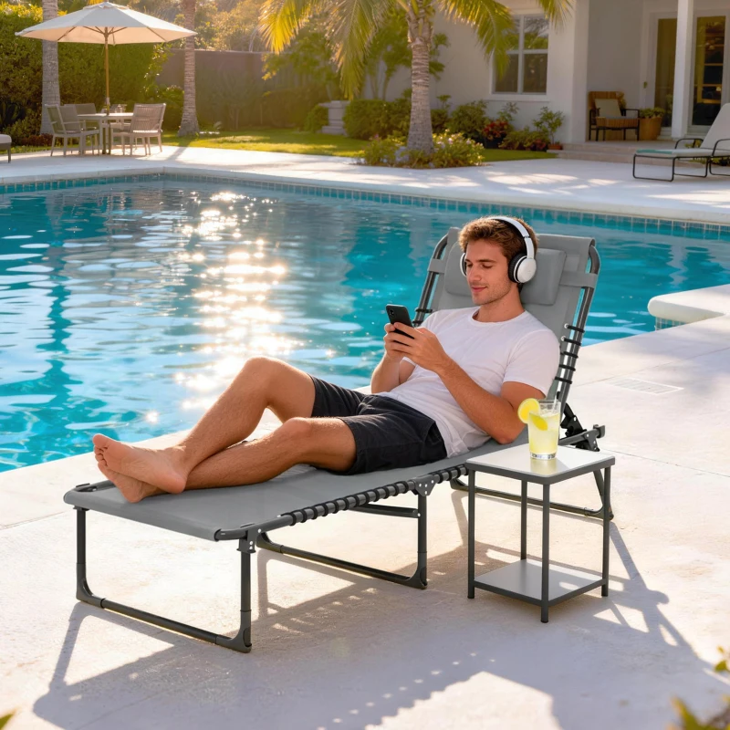 Outsunny Folding Lounge Chair, Adjustable Chaise Lounge with Headrest, Reclining Lounger Cot for Camping, Hiking, Light Grey