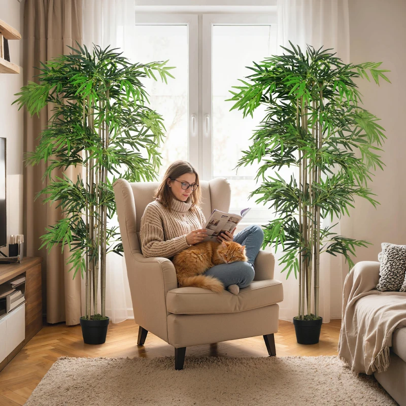Outsunny 6FT Artificial Bamboo Tree Set of 2, Fake Plant with 1530 Leaves, Greenery Plant in Nursery Pot for Indoor, Green