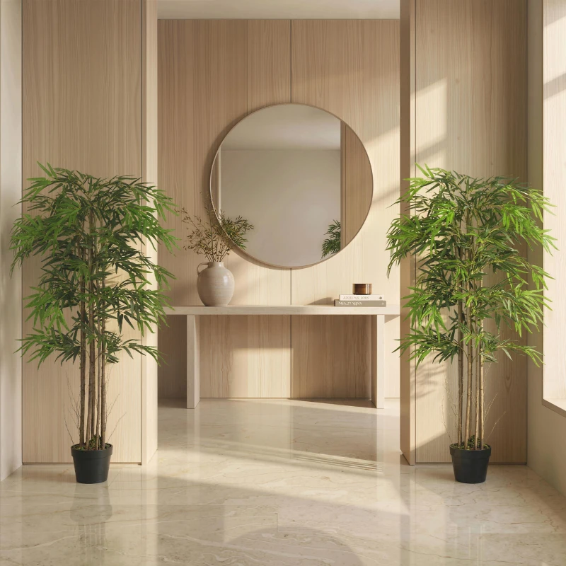 Outsunny 5FT Artificial Bamboo Tree Set of 2, Fake Plant with 1095 Leaves, Greenery Plant in Nursery Pot for Indoor, Green