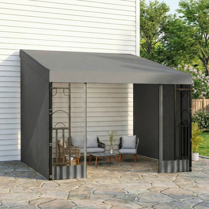Outsunny 10' x 10' Wall Pergola, Outdoor Gazebo with 2 Curtains and 2 Nettings, UV Resistant, for Patio, Deck, Dark Grey
