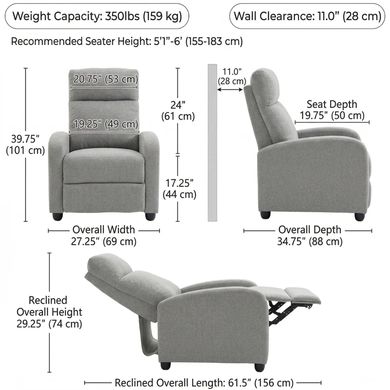 HOMCOM Manual Recliner Sofa Manual Home Theater Seating, Single Linen-Touch Sofa Armchair for Living Room, Light Grey