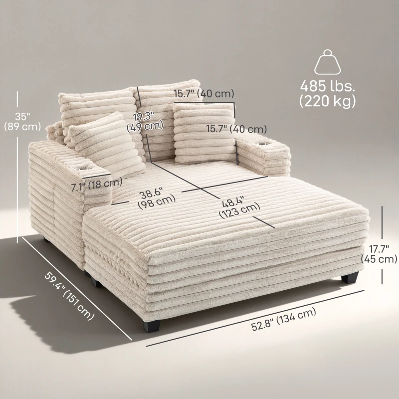HOMCOM 60" Chaise Lounge Chair, Oversized Upholstered Sofa Bed with Cup Holders & Pillows, Sleeper Couch for Living Room, Beige